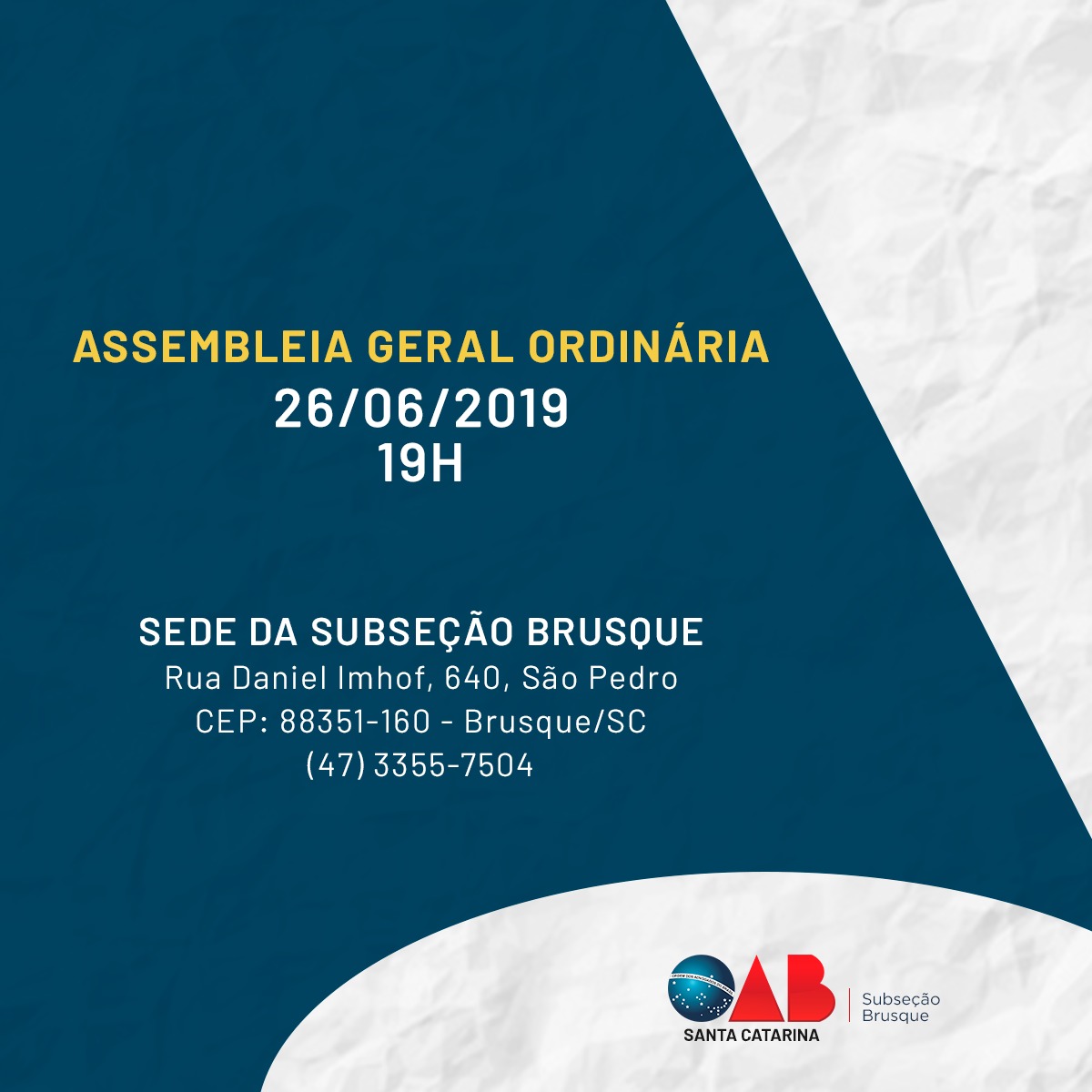 Assembleia Ordinária da OAB Brusque acontece amanhã